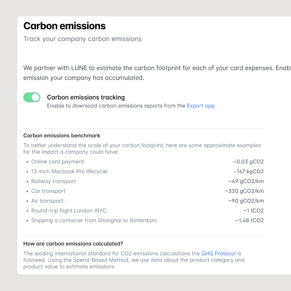 Payhawk Green - Fonctionnalité de reporting des émissions CO2 de Scope 3 pour les dépenses par carte
